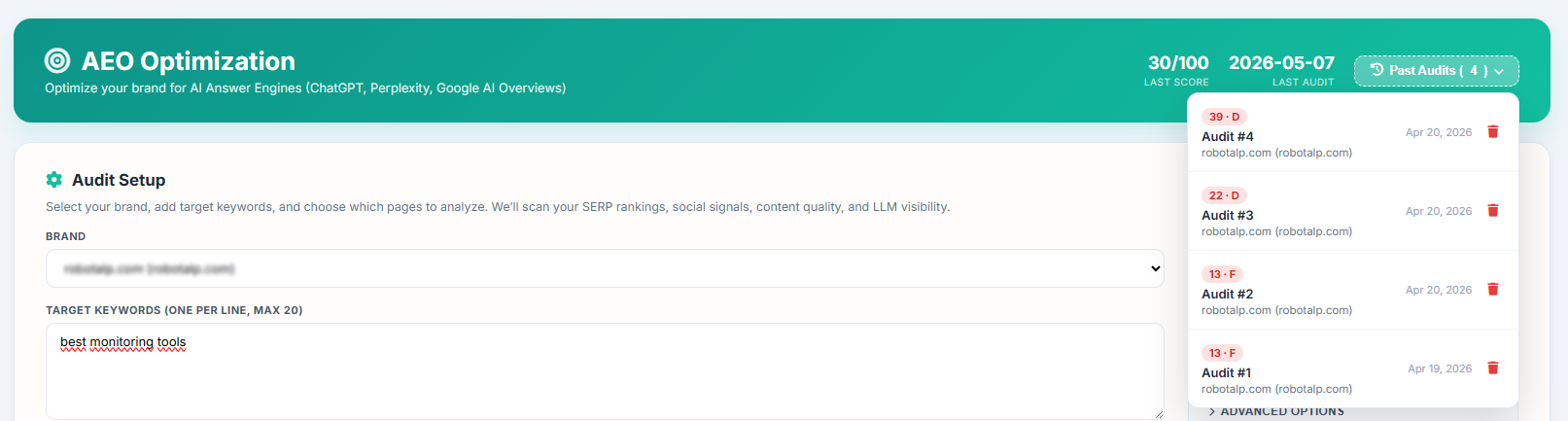 AEO Optimization - Score Detail View