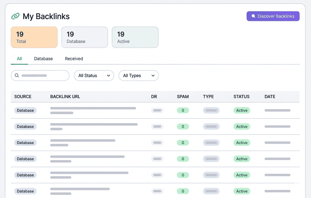 My Backlinks dashboard showing backlink table with source, DR, spam score, type, status, and date columns