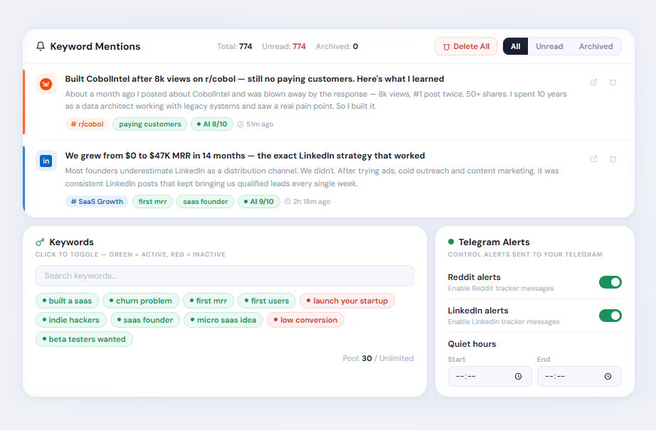 Reddit and LinkedIn Growth tracker showing live mentions, reply opportunities, and growth insights