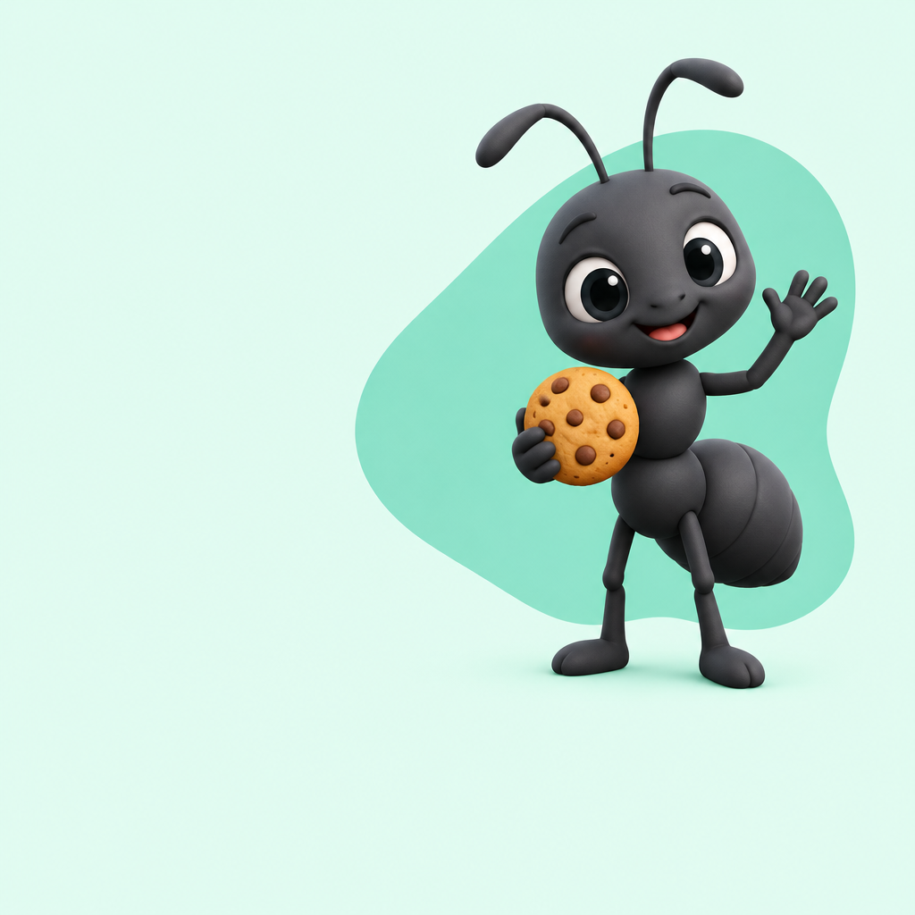 ShubHQ ant mascot holding a cookie